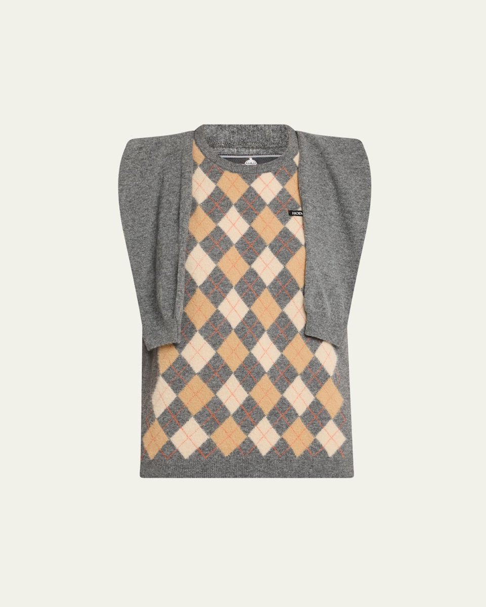 Argyle Knitted Draped-Sleeve Sweater Vest